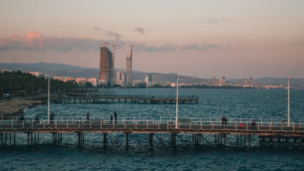 Limassol seafront pier at dusk, Cyprus