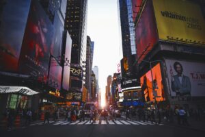 Busy New York street at sunset