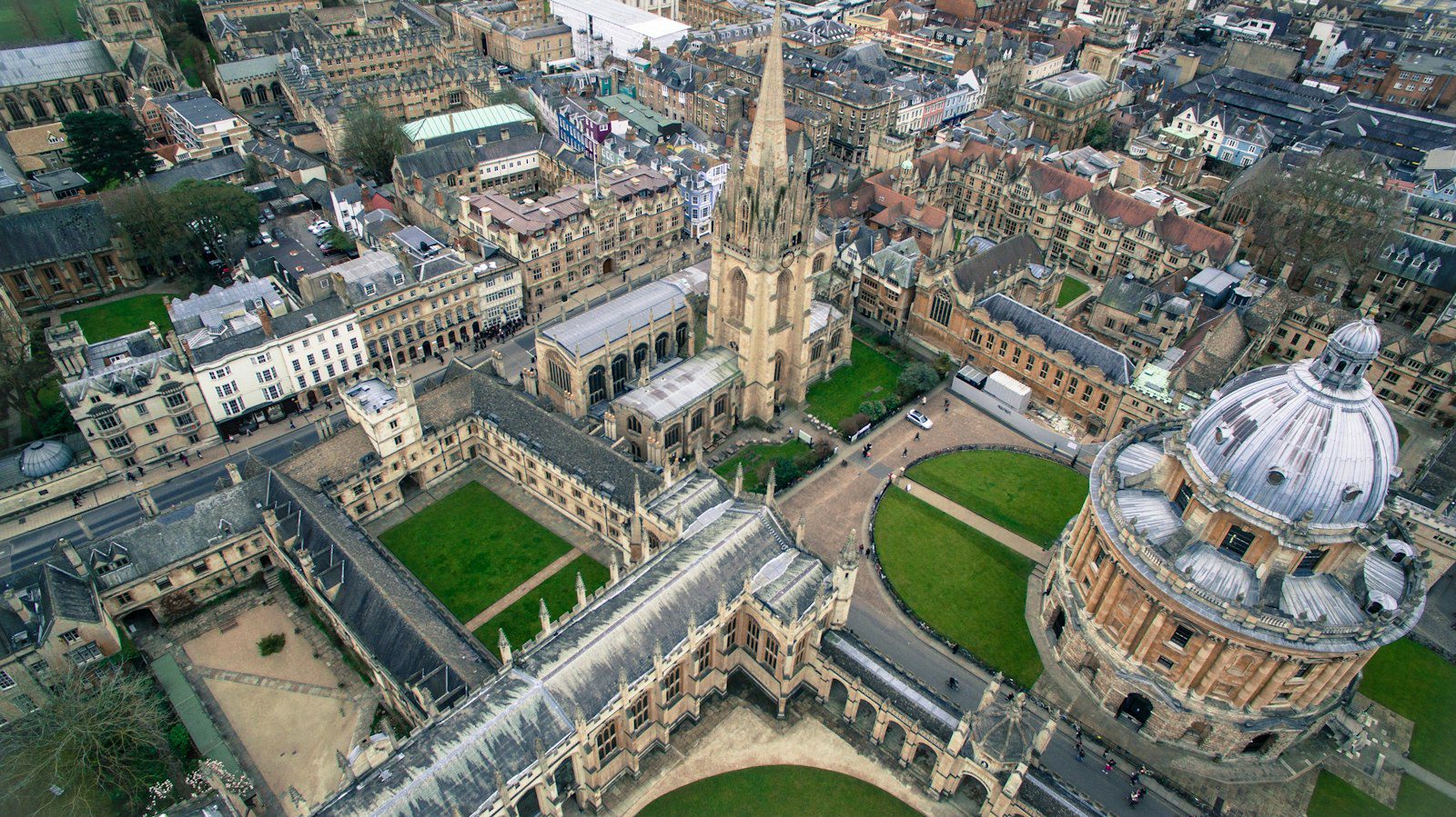 Aerial view of a grey gothic university-style building