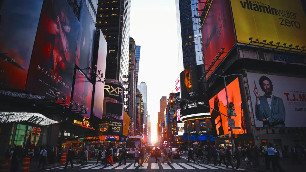 Busy New York street at sunset